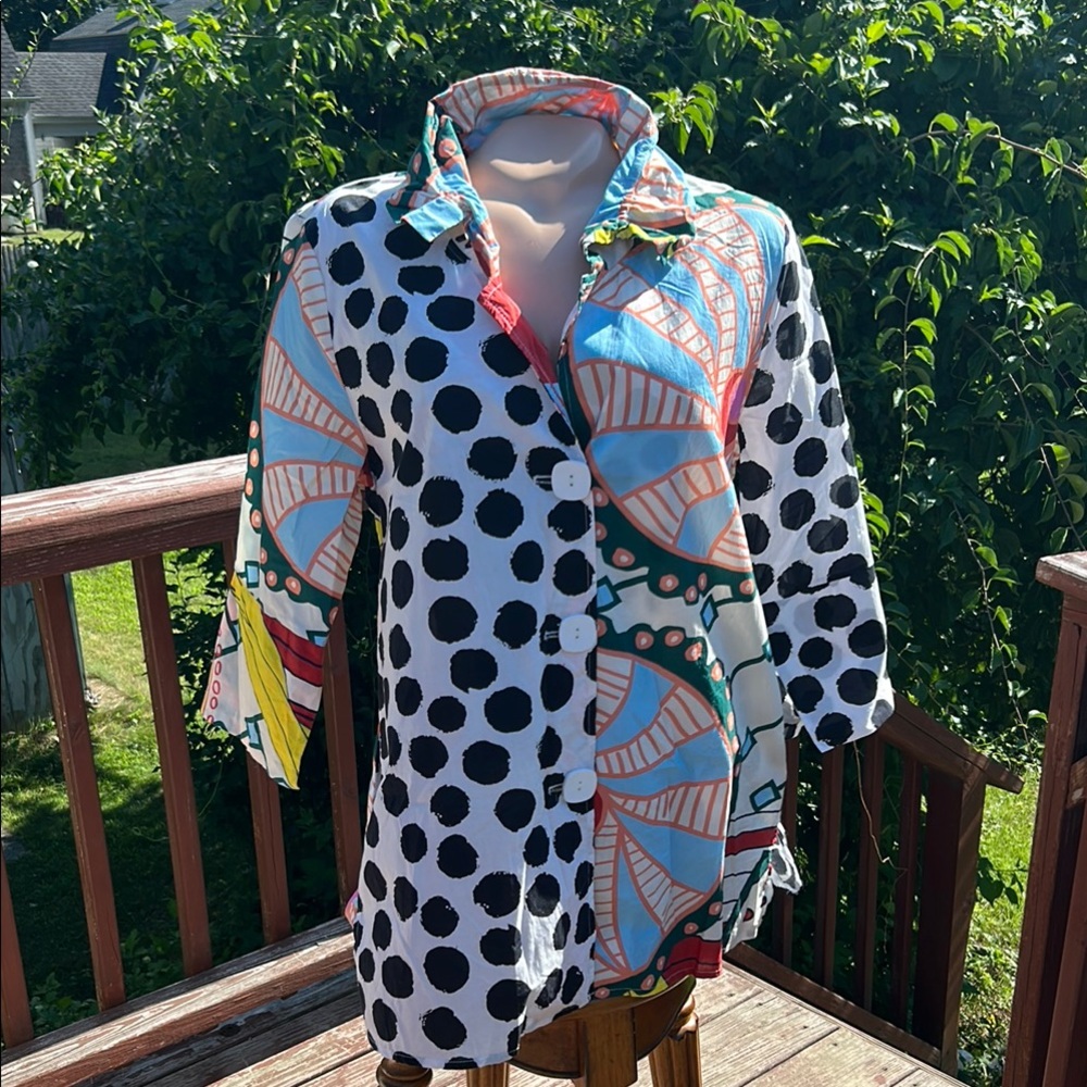 Radzoli Art to Wear Blouse - Wire Collar- Fun Color and Print- Med- Cotton